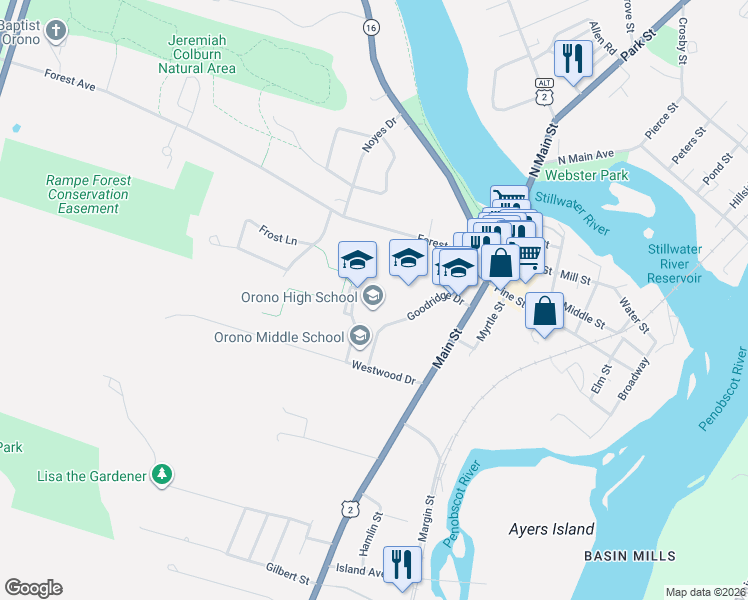 map of restaurants, bars, coffee shops, grocery stores, and more near 14 Goodridge Drive in Orono