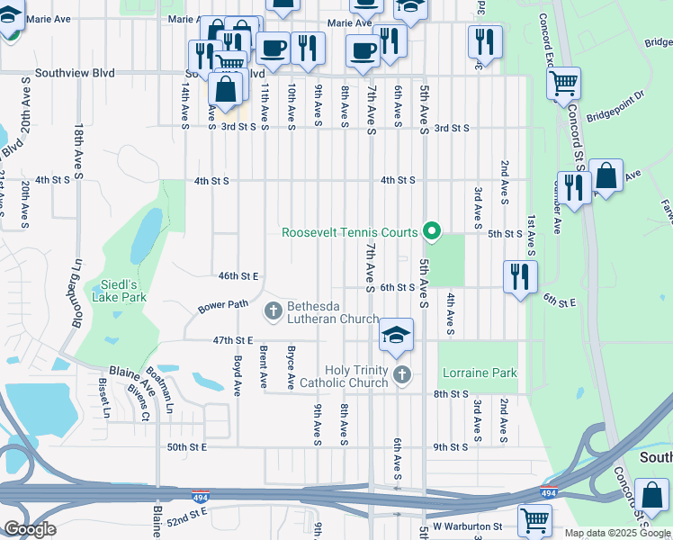 map of restaurants, bars, coffee shops, grocery stores, and more near 1345 9th Avenue South in South Saint Paul