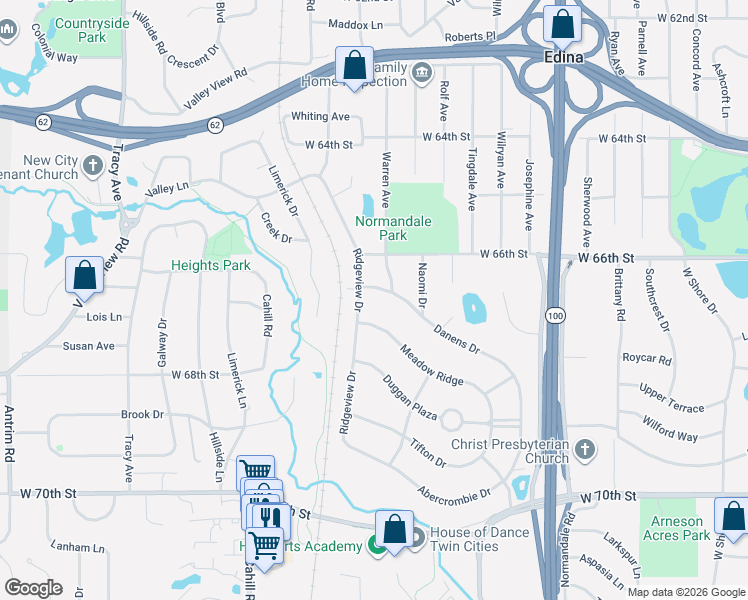 map of restaurants, bars, coffee shops, grocery stores, and more near 6613 Ridgeview Drive in Minneapolis