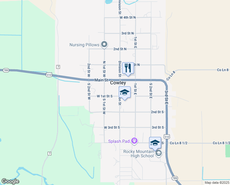 map of restaurants, bars, coffee shops, grocery stores, and more near 35 1st Street South in Cowley