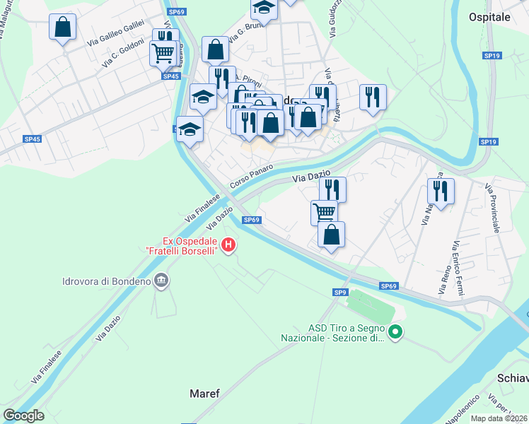 map of restaurants, bars, coffee shops, grocery stores, and more near 83 Via Dazio in Bondeno