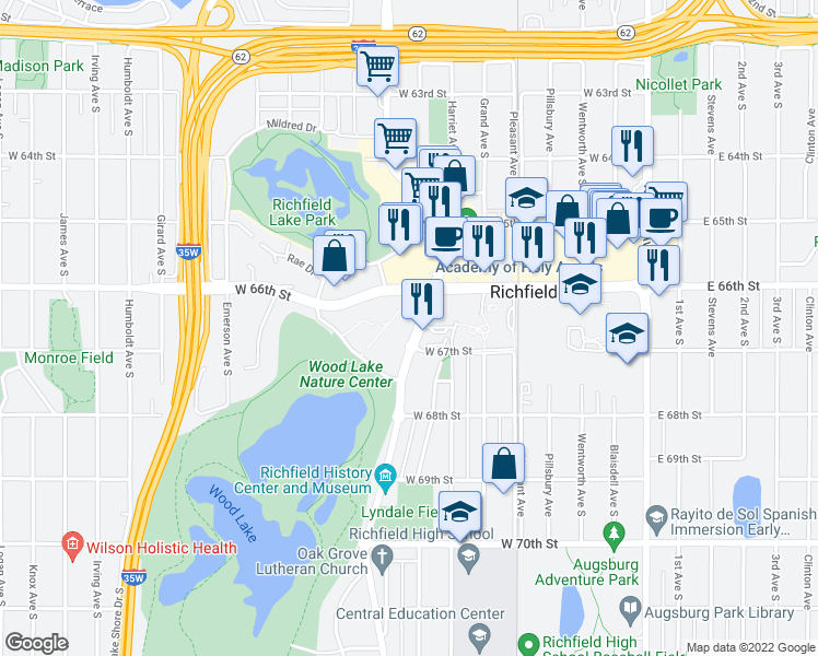 map of restaurants, bars, coffee shops, grocery stores, and more near 6640 Lyndale Avenue South in Minneapolis