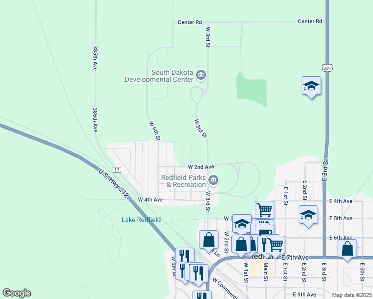 map of restaurants, bars, coffee shops, grocery stores, and more near 5th Street West in Redfield