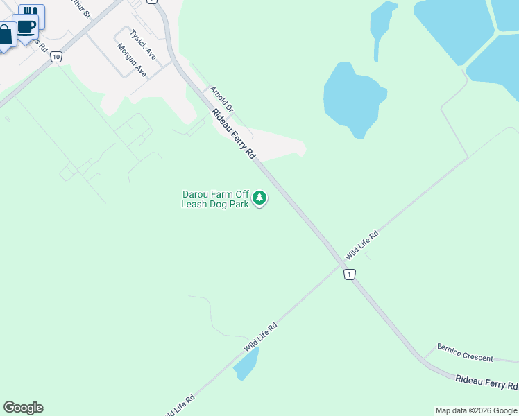 map of restaurants, bars, coffee shops, grocery stores, and more near 2845 Rideau Ferry Road in Perth