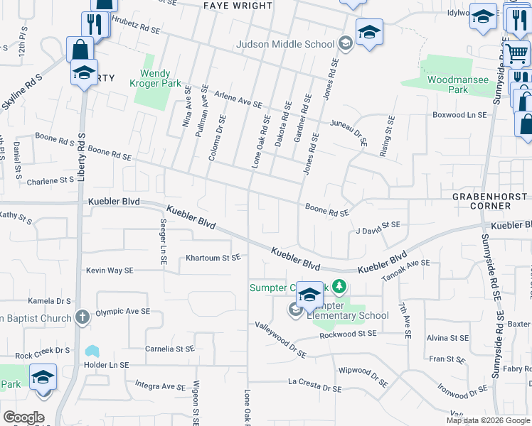 map of restaurants, bars, coffee shops, grocery stores, and more near 450 Boone Road Southeast in Salem