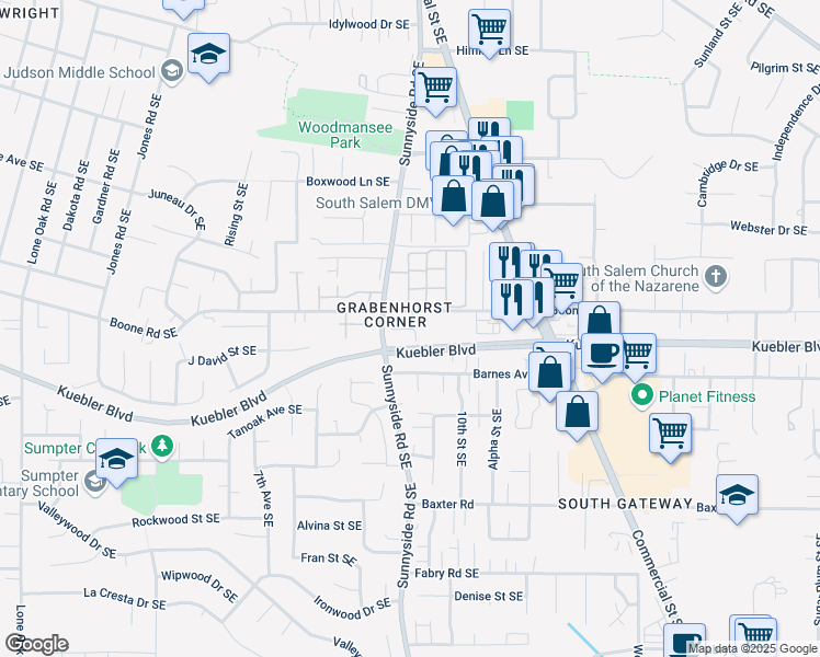 map of restaurants, bars, coffee shops, grocery stores, and more near 4940 Sunnyside Road Southeast in Salem
