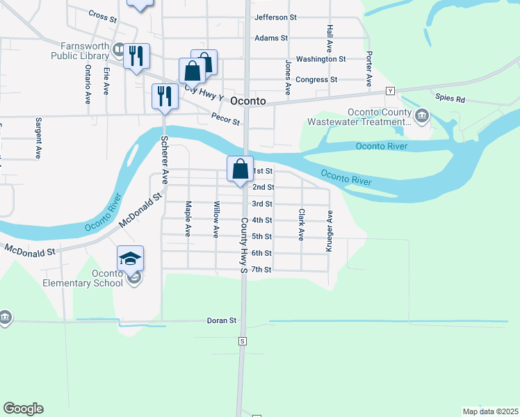 map of restaurants, bars, coffee shops, grocery stores, and more near 411 3rd Street in Oconto