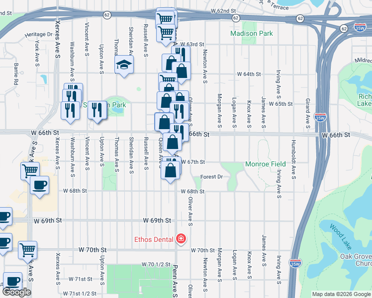map of restaurants, bars, coffee shops, grocery stores, and more near 6608 Oliver Avenue South in Minneapolis