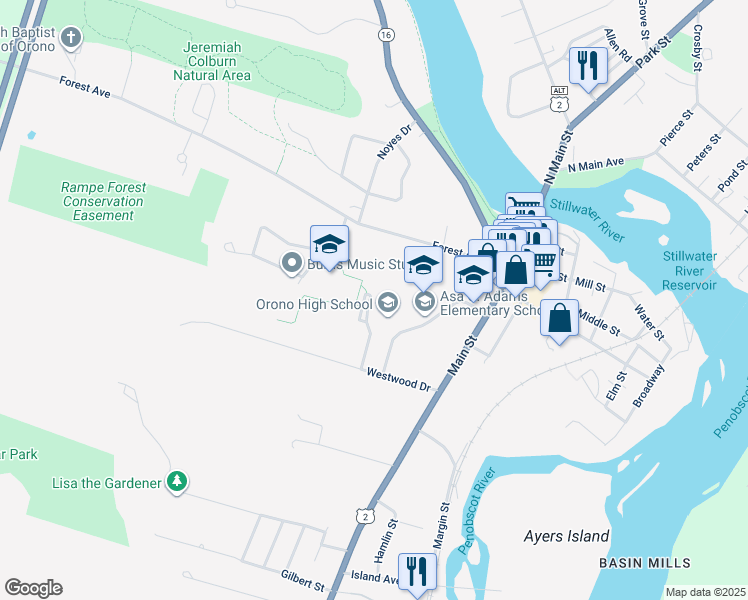 map of restaurants, bars, coffee shops, grocery stores, and more near 14 Goodridge Drive in Orono