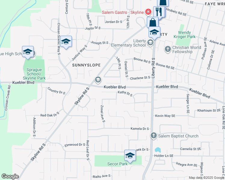 map of restaurants, bars, coffee shops, grocery stores, and more near 1565 Kathy Court South in Salem