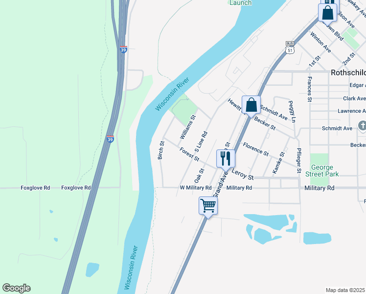map of restaurants, bars, coffee shops, grocery stores, and more near 609 Williams Street in Rothschild