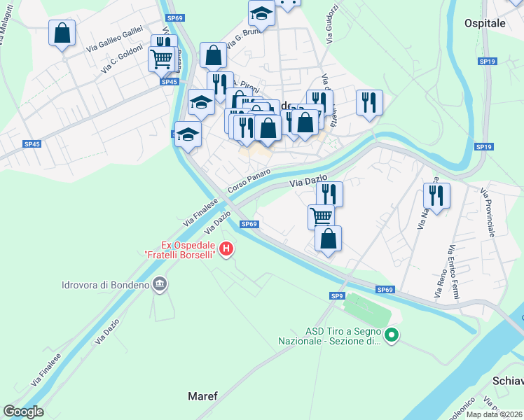 map of restaurants, bars, coffee shops, grocery stores, and more near 83 Via Dazio in Bondeno
