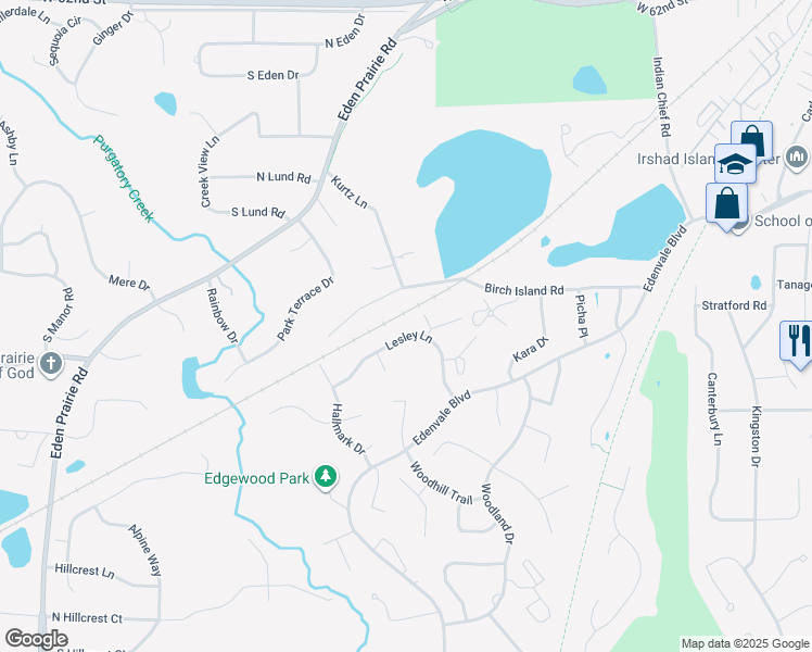 map of restaurants, bars, coffee shops, grocery stores, and more near 15238 Lesley Lane in Eden Prairie