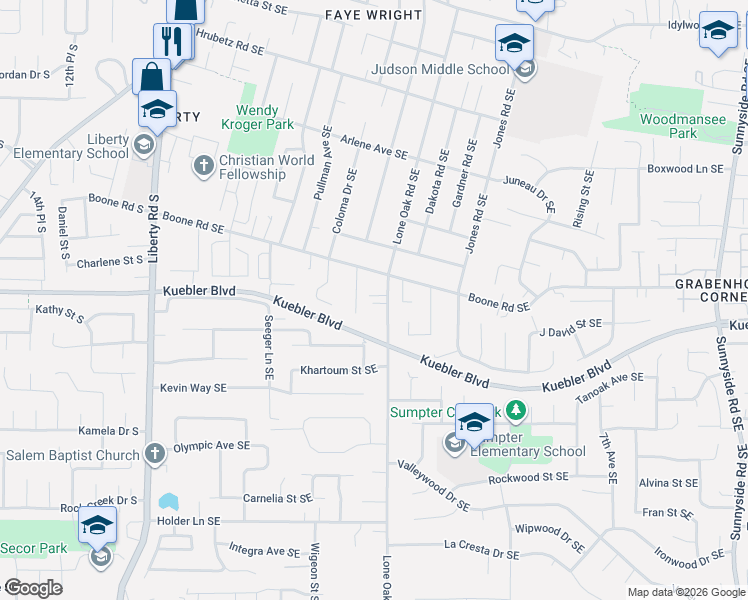 map of restaurants, bars, coffee shops, grocery stores, and more near 410 Boone Road Southeast in Salem