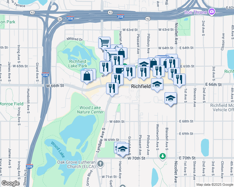 map of restaurants, bars, coffee shops, grocery stores, and more near 6605 Lyndale Avenue South in Richfield