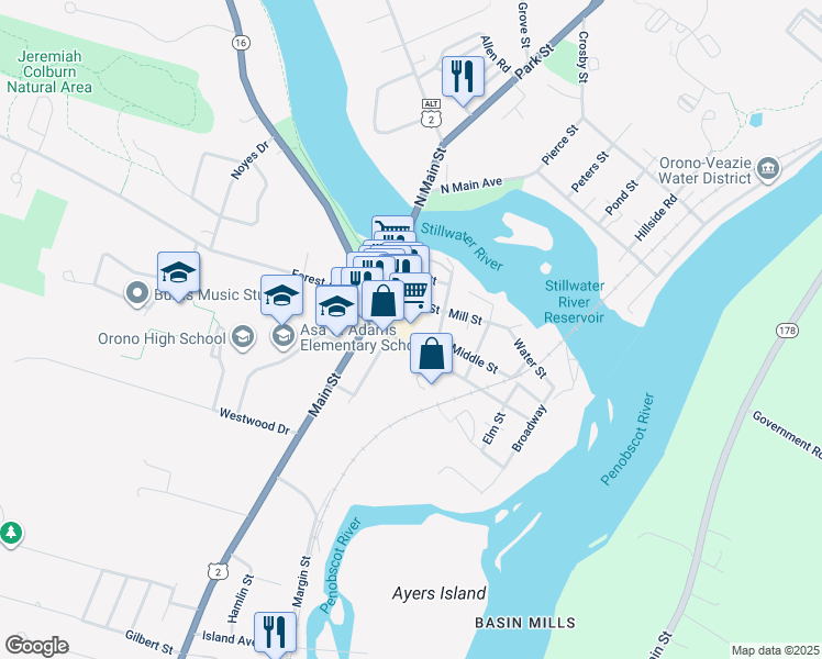 map of restaurants, bars, coffee shops, grocery stores, and more near 34 Hasbrouck Court in Orono