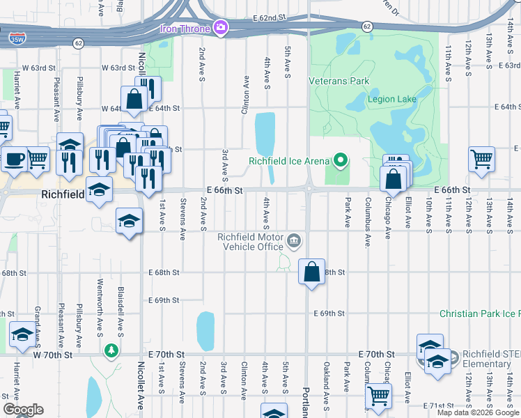 map of restaurants, bars, coffee shops, grocery stores, and more near 6613 Clinton Avenue in Richfield