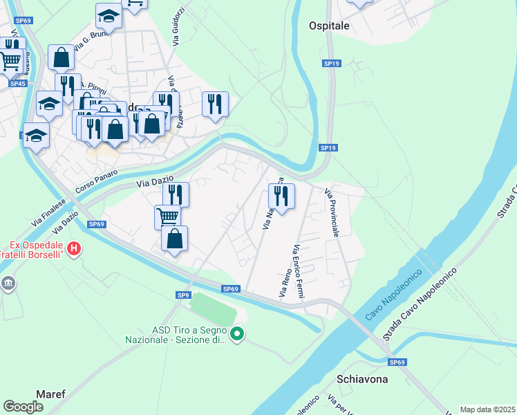 map of restaurants, bars, coffee shops, grocery stores, and more near 19 Via Nino Bixio in Bondeno