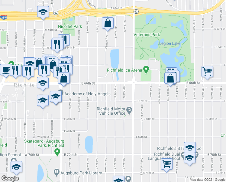 map of restaurants, bars, coffee shops, grocery stores, and more near 6613 Clinton Avenue in Richfield