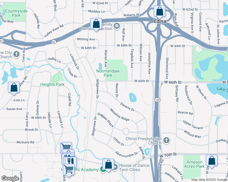 map of restaurants, bars, coffee shops, grocery stores, and more near 6609 Warren Avenue in Minneapolis