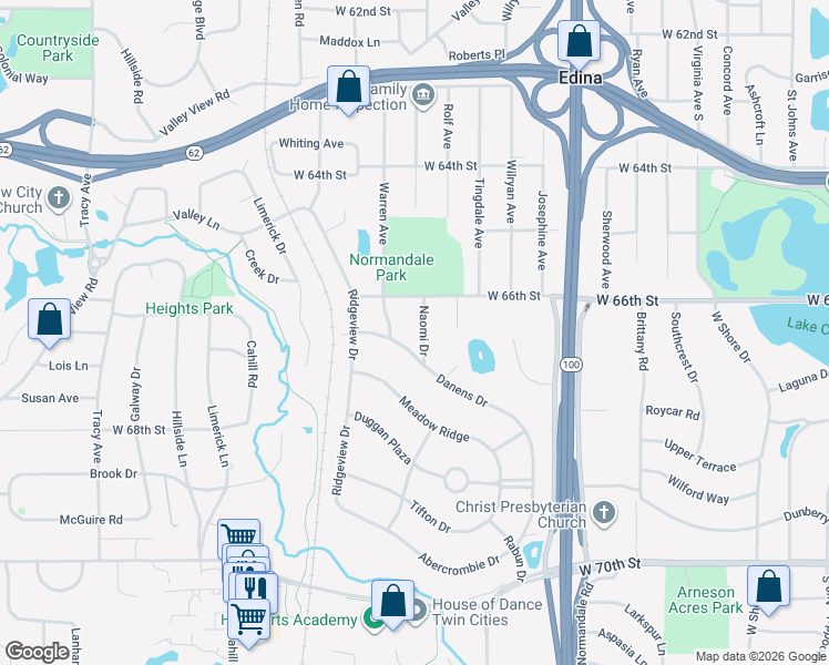 map of restaurants, bars, coffee shops, grocery stores, and more near 6609 Warren Avenue in Minneapolis