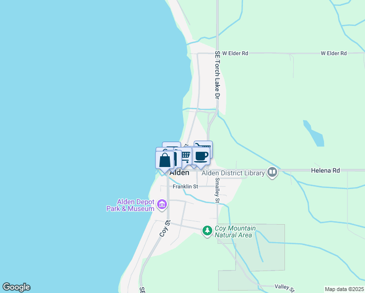 map of restaurants, bars, coffee shops, grocery stores, and more near 10396 North Lake Street in Alden