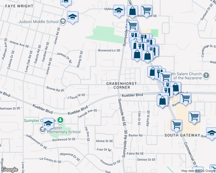 map of restaurants, bars, coffee shops, grocery stores, and more near 4995 Sunnyside Road Southeast in Salem