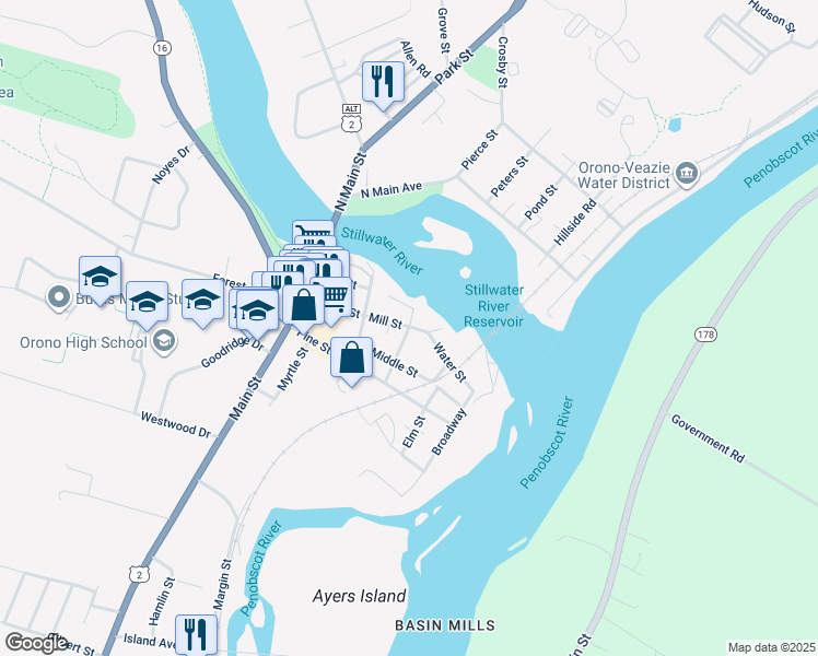 map of restaurants, bars, coffee shops, grocery stores, and more near 80 Mill Street in Orono