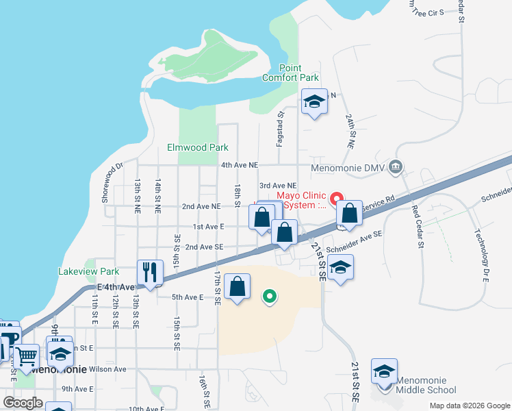 map of restaurants, bars, coffee shops, grocery stores, and more near 1903 2nd Avenue Northeast in Menomonie