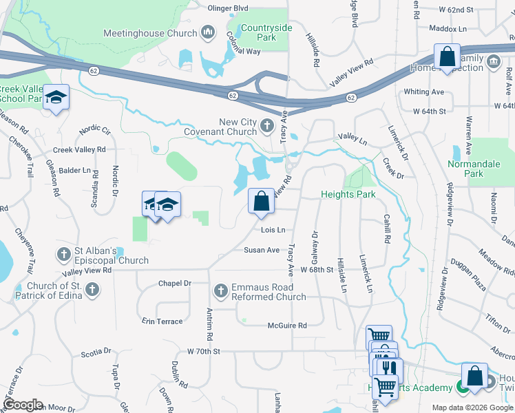 map of restaurants, bars, coffee shops, grocery stores, and more near 5805 Creek Valley Road in Minneapolis