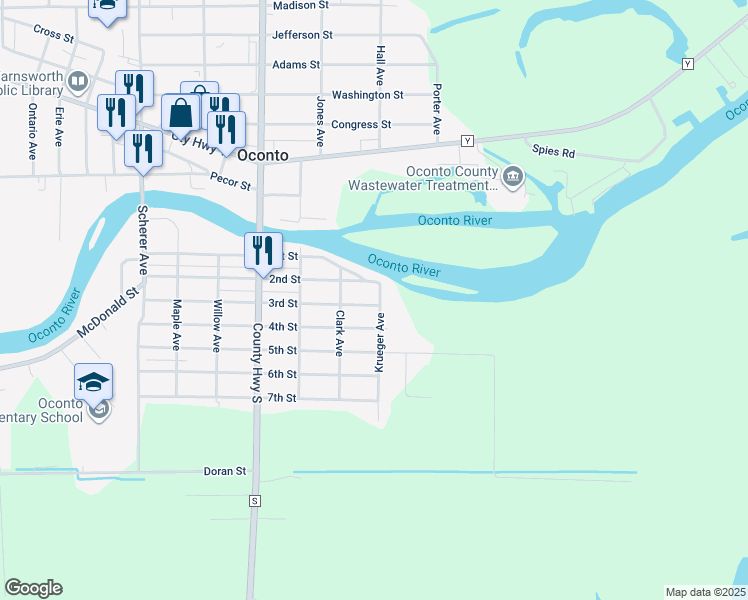 map of restaurants, bars, coffee shops, grocery stores, and more near 627 3rd Street in Oconto