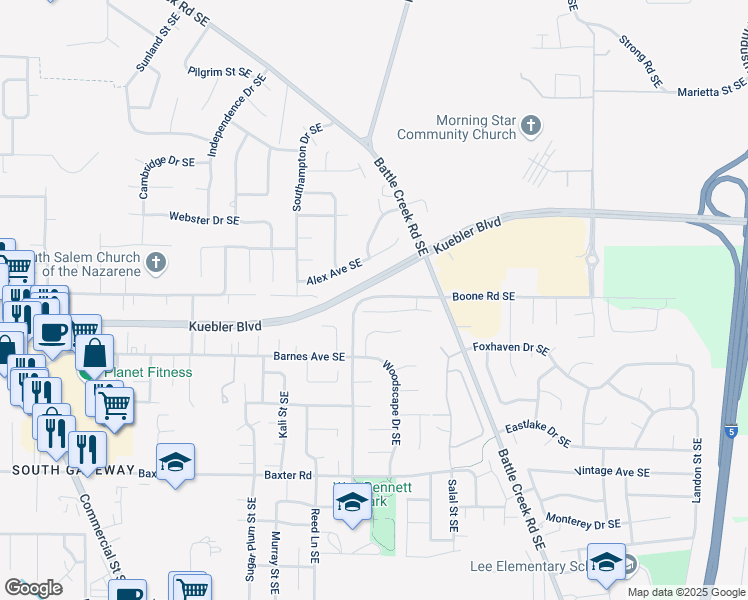 map of restaurants, bars, coffee shops, grocery stores, and more near 2207-2258 Wildwood Drive Southeast in Salem