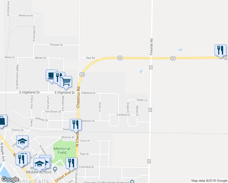 map of restaurants, bars, coffee shops, grocery stores, and more near 803 Highland Drive in Oconto Falls