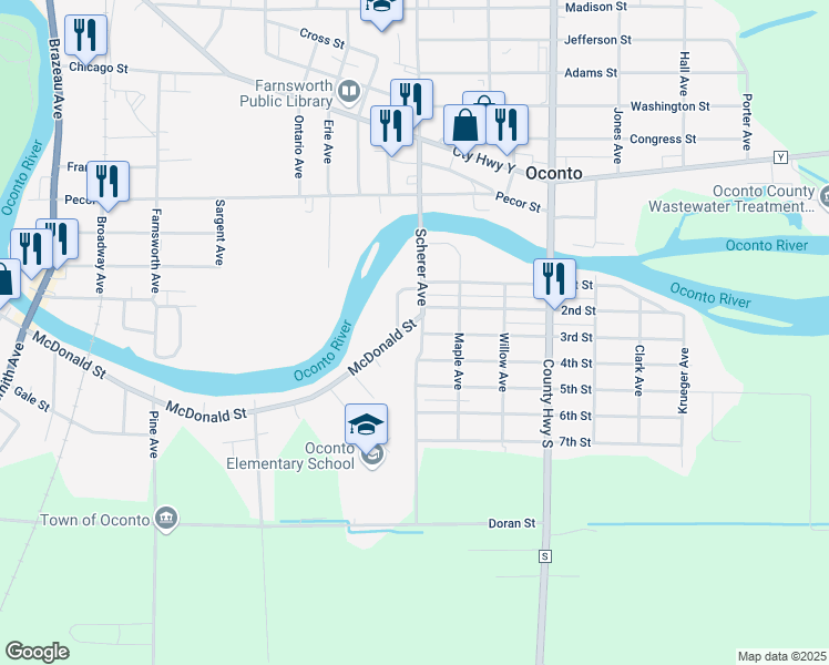 map of restaurants, bars, coffee shops, grocery stores, and more near 109 McDonald Street in Oconto