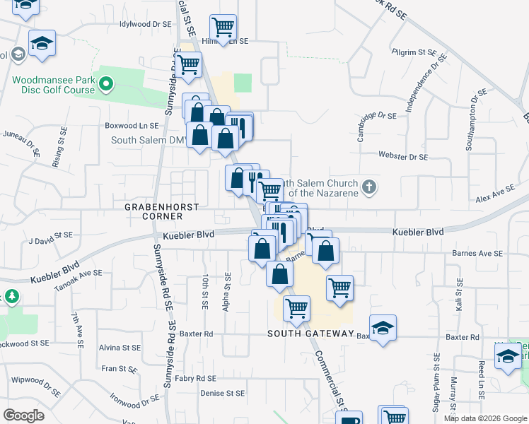 map of restaurants, bars, coffee shops, grocery stores, and more near 1255 Boone Road Southeast in Salem