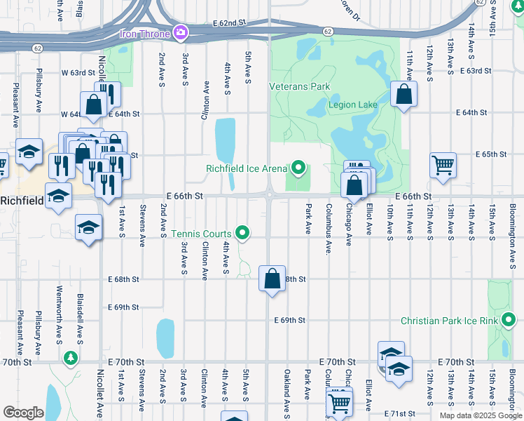 map of restaurants, bars, coffee shops, grocery stores, and more near 6616 Portland Avenue in Minneapolis