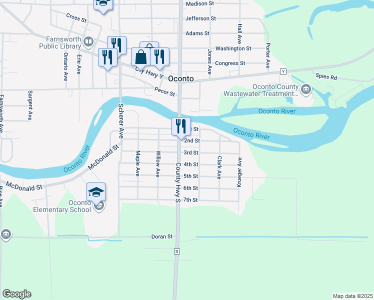 map of restaurants, bars, coffee shops, grocery stores, and more near 411 3rd Street in Oconto