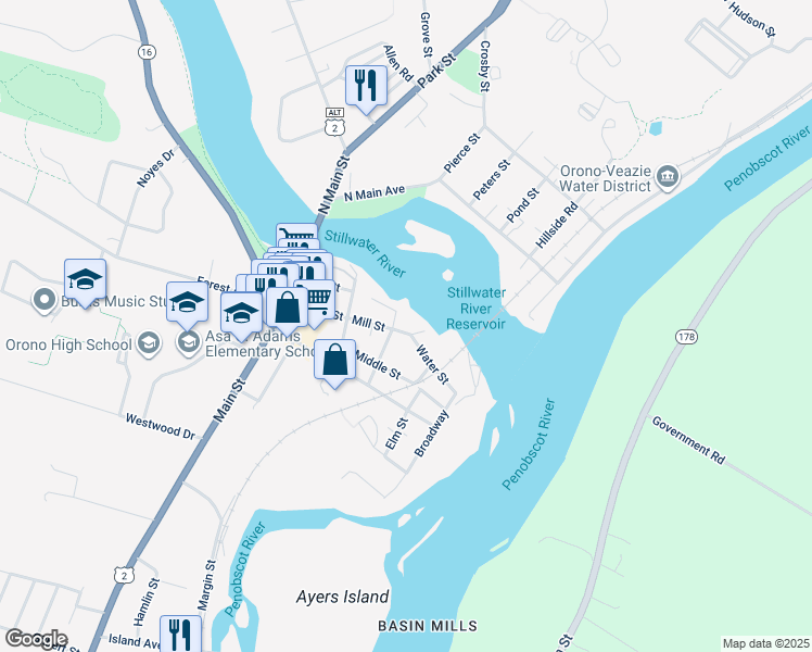 map of restaurants, bars, coffee shops, grocery stores, and more near 104 Mill Street in Orono
