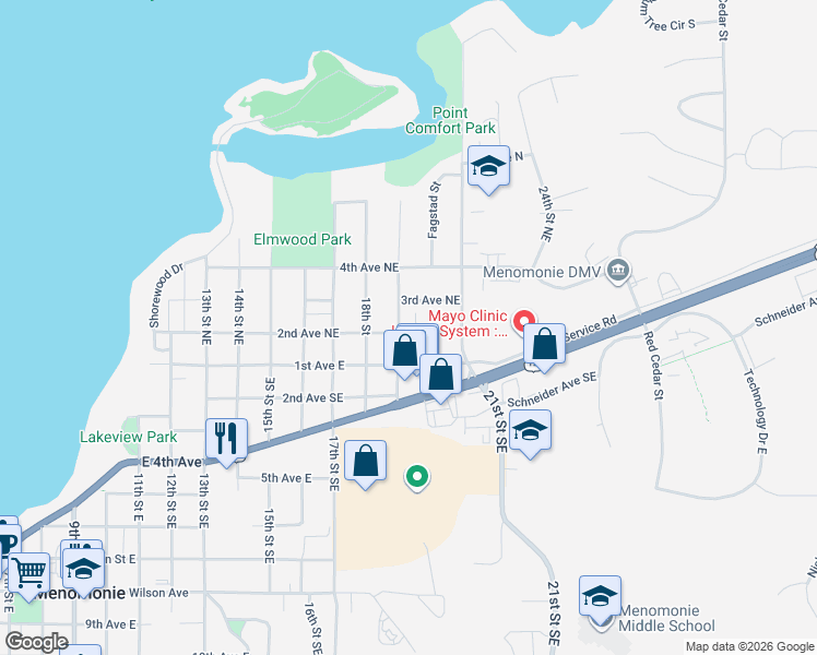map of restaurants, bars, coffee shops, grocery stores, and more near 1903 2nd Avenue Northeast in Menomonie