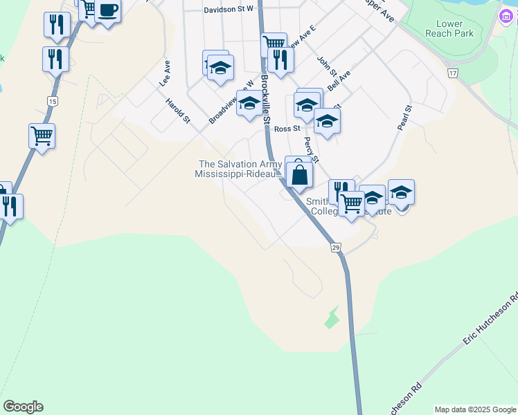 map of restaurants, bars, coffee shops, grocery stores, and more near Wood Avenue in Smiths Falls