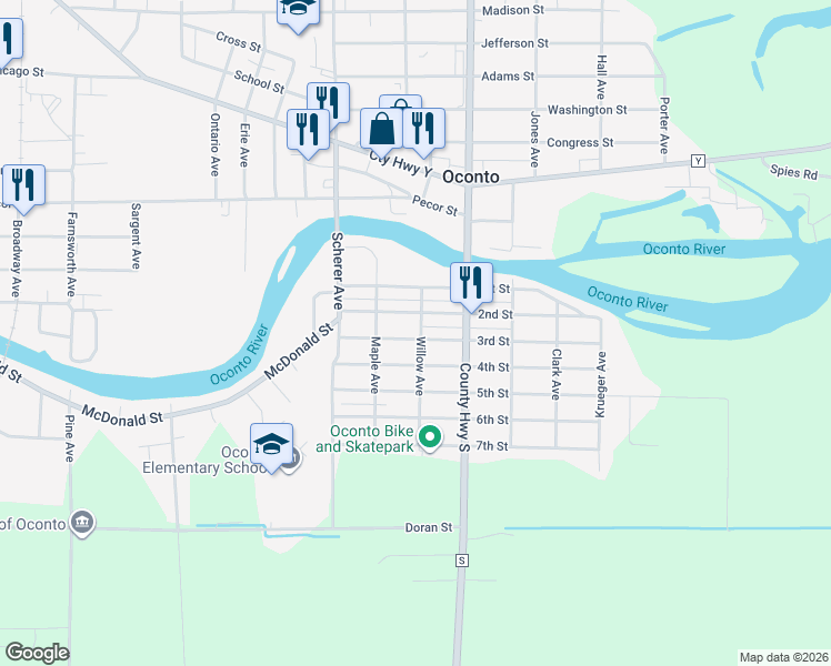 map of restaurants, bars, coffee shops, grocery stores, and more near 229 3rd Street in Oconto