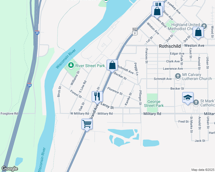 map of restaurants, bars, coffee shops, grocery stores, and more near 523 Grand Avenue in Rothschild