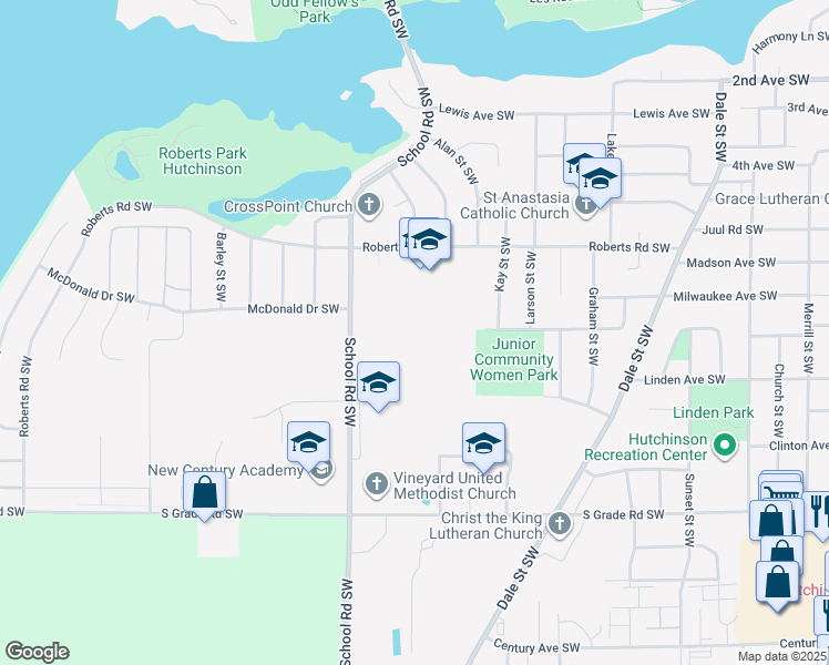 map of restaurants, bars, coffee shops, grocery stores, and more near 1200 Roberts Road Southwest in Hutchinson