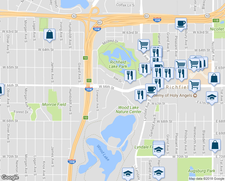 map of restaurants, bars, coffee shops, grocery stores, and more near 6605 Lynwood Boulevard in Minneapolis