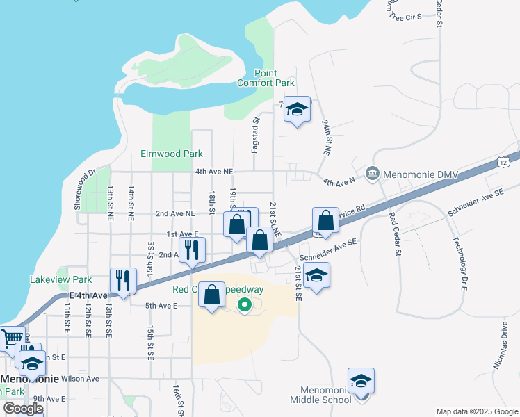 map of restaurants, bars, coffee shops, grocery stores, and more near 2013 2nd Avenue Northeast in Menomonie