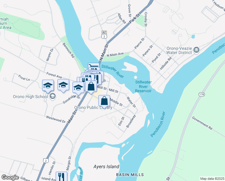 map of restaurants, bars, coffee shops, grocery stores, and more near 80 Mill Street in Orono