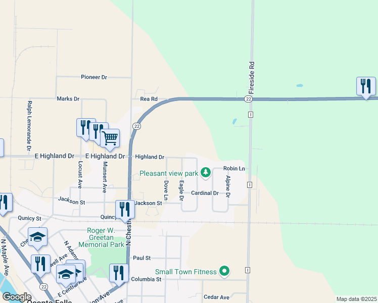 map of restaurants, bars, coffee shops, grocery stores, and more near 803 Highland Drive in Oconto Falls