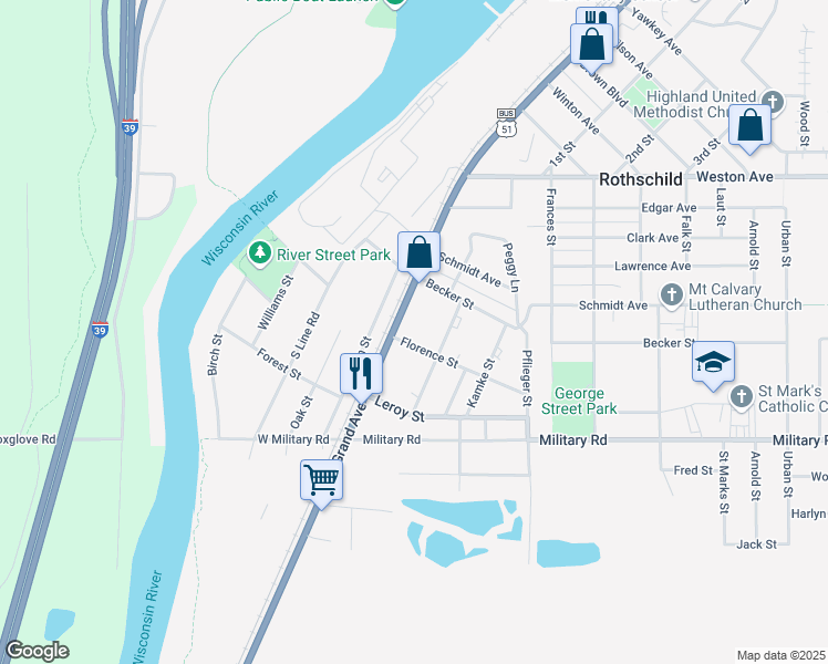 map of restaurants, bars, coffee shops, grocery stores, and more near 523 Grand Avenue in Rothschild