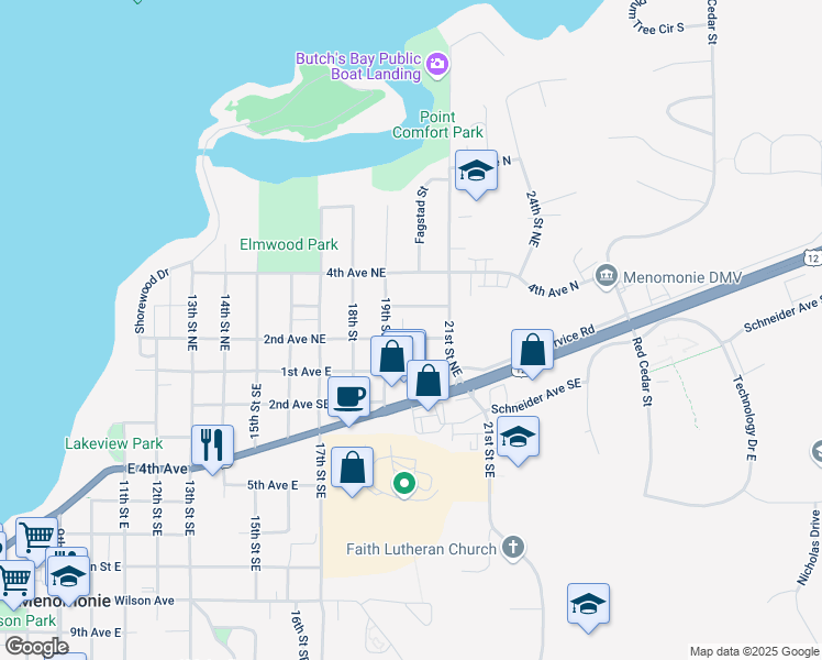 map of restaurants, bars, coffee shops, grocery stores, and more near 1903 2nd Avenue Northeast in Menomonie