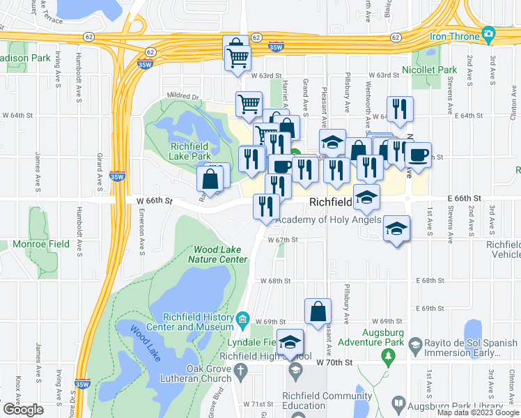 map of restaurants, bars, coffee shops, grocery stores, and more near 6600 Lyndale Avenue South in Richfield